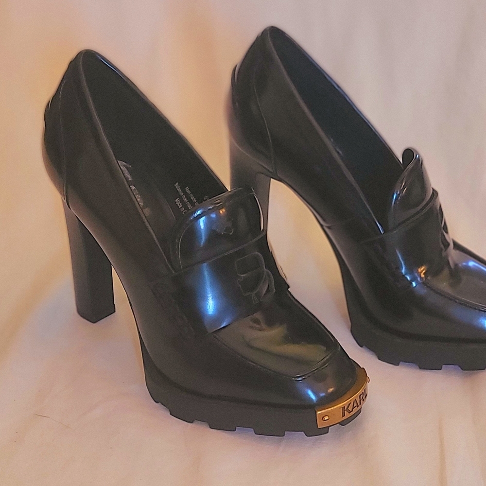 Karl Lagerfeld Paris Virna Black High Heel Patent Faux Leather Shoe Size 5 1/2